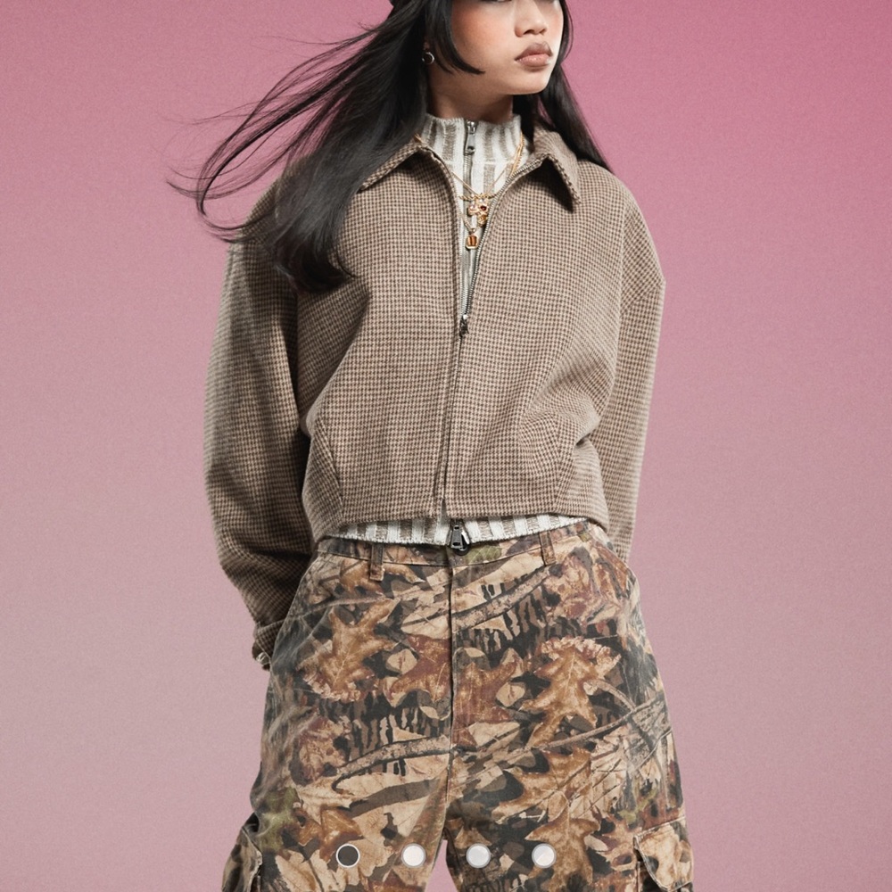 Motel carlo cropped checked bomber jacket in brown